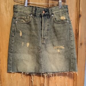 H&M Distressed Olive Green Denim Mini Skirt